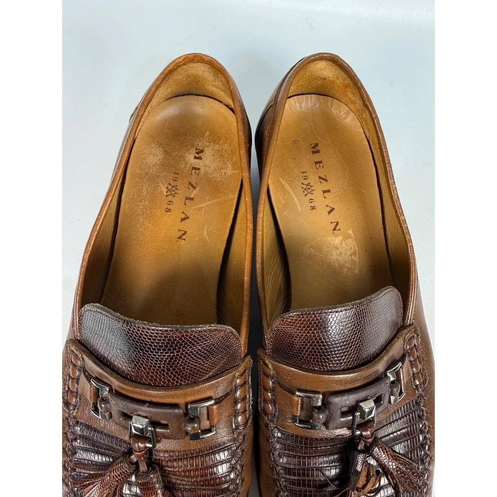 Mezlan Cafaro Brown Genuine Lizard Leather Tassel Loafer Shoes‎ Mens Size 10